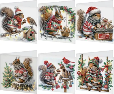Productafbeelding van Set van 6 kerstkaarten met diamantenkunst, met een eekhoornmotief, voor knutselwerkzaamheden