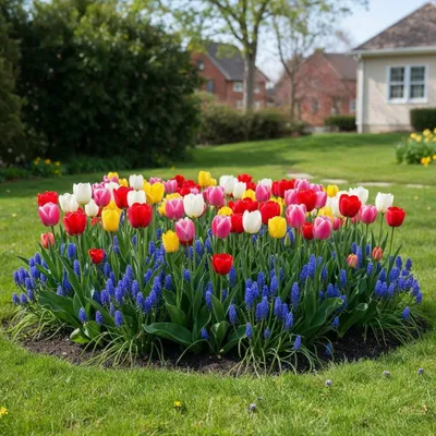 Zdjęcie produktu dla Mieszanka cebul kwiatowych: tulipany i muszkaty – odmiany odporne na mróz, wieloletnie – 10 tulipanów + 30 muszkatów. Prawdziwe rośliny z Holandii – do rabat i donic (bez nasion, nie są sztuczne)