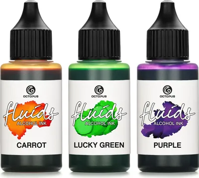 Image de Lot de 3 encres à alcool Octopus Fluids de 30 ml CARROT, LUCKY GREEN, PURPLE Encre à alcool pour Fluid Art et résine