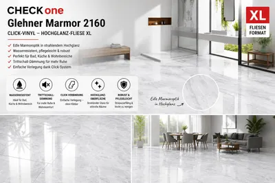 Produktbild von 2,5 mm Click-Vinyl CHECK One 2160 Glehner Marmor Hochglanz-Fliese XL & Trittschall Standard -1m²
