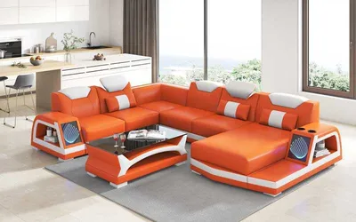 Produktbild von Ecksofa Modern Wohnlandschaft Sofa U Form Groß Ledersofa Orange Sofas