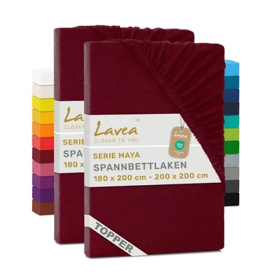 Produktbild von Lavea® 2er Pack Topper Spannbettlaken 180/200x200 cm, Bettlaken aus 100% Baumwolle Jersey – Für Topper bis 12 cm Höhe – Weich, Bordeaux