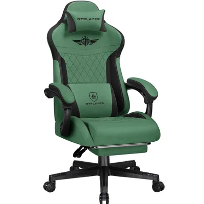 A green and black gaming chair.