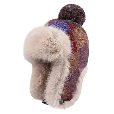 Produktbild von Strickmütze Damen Plüsch Wintermütze mit Ohrenschützer und Bommel, Braun-1