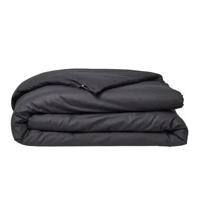 A folded dark grey duvet cover is presented against a white background.