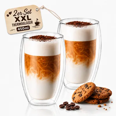 Produktbild von 2x Latte Macchiato Gläser doppelwandig 450ml Cappuccino Tassen - aus Borosilikatglas - Spülmaschinenfeste Teegläser Kaffeetassen Set - Thermogläser, KI-generiertes Bild