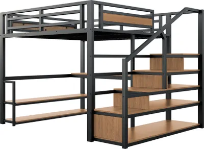 Produktbild von Metall-Hochbett 140 x 200 cm Sicherheitszaun Regale Tisch Stauraum Schwarz