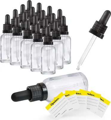 Produktbild von Oputec 20x 30ml Pipettenflasche aus Klarglas mit Glaspipette + 20 Etiketten – Apothekerflasche für Aromatherapie ätherische Öle Kosmetik Tropfflasche