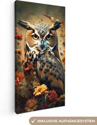 Produktbild von MuchoWow® - Leinwandbilder - Eule - Vogel - Blumen - Botanisch, Wandbild, Wanddeko Bilder Wohnzimmer, 40x80 cm
