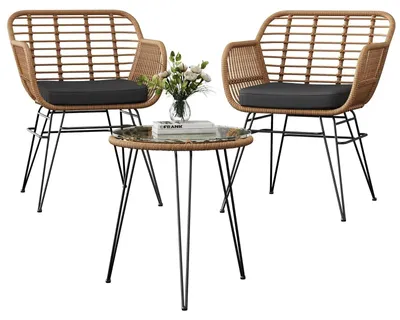 Produktbild von 3-teiliges Bistro Set Garten - Polyrattan Sitzgruppe - wetterfest - 2 Stühle mit Kissen + Tisch - Balkon Terrasse - Braun
