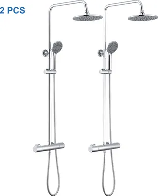 Produktbild von 2PCS Duschsystem mit Thermostat Regendusche Runde Duschsäule Duschgarnitur inkl. 3 Strahlarten Handbrause, höhenverstellbar Duschstange
