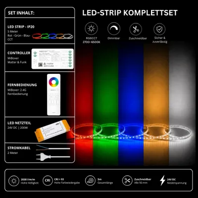 Produktbild von LED Streifen Set RGBCCT – RGBCCT LED Streifen 24V, 5-in-1, 33 W/m, 2030 lm/m, 5m, RGB + 2700-6500K – SNP-200 Netzteil, SM5 Matter Controller und C5 Fernbedienung Weiß