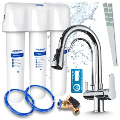 Immagine prodotto di Miscelatore da cucina a tre vie Nordic, cromato, con doccetta estraibile. Include sistema di filtraggio dell'acqua Aquaphor Kristall A, da installare sotto il lavello
