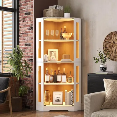 Produktbild von Glasvitrine mit LED Weiß 4 Türen Sicherheitsglas Eckschrank Weinschrank 110x40x178cm