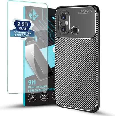 Produktbild von Handy Hülle für Xiaomi Redmi 12C mit 9H Displayglas Displayschutz Plus Carbon Look Cover Case Schutzhülle Farbe: Schwarz