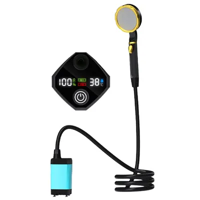 A portable electric shower pump with a digital display and shower head.