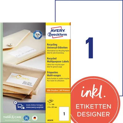 Obrázok produktu pre Avery LR3478, Biela, Papája, 210 mm, 297 mm, 100 kusov