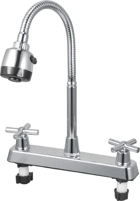 A chrome kitchen faucet with a flexible neck and two cross handles, shown against a white background.