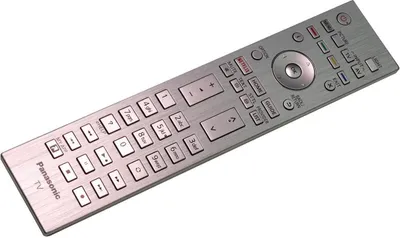 A silver Panasonic TV remote control is shown against a white background.