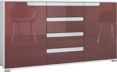 Produktbild von Vladon Sideboard Sylt V1, Kommode mit 2 Türen und 4 Schubladen, Korpus - Weiß matt / Front - Bordeaux Hochglanz / Absetzung - Weiß Hochglanz (138,5 x 75,5 x 35 cm)