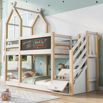A child's bedroom with a bunk bed.