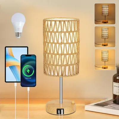 Image de Lampe de chevet tactile - Lampe rechargeable - Crée une ambiance lumineuse - Avec ports USB A et C - 9 watts - Aspect bois imitation