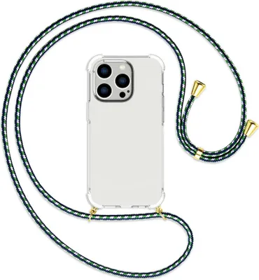 Produktbild von Handykette Backcover-Schutzhülle mit Band (Metall goldfarben) für Apple iPhone 14 Pro (6.1'') - grün/blau/weiß