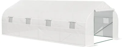 Image de Outsunny Serre Tunnel de Jardin 18 m² dim. 5,95L x 3l x 2H m Porte + 8 fenêtres enroulables Acier galvanisé bâche PE Haute densité Blanc