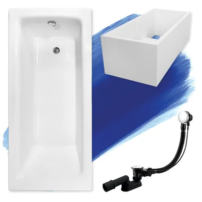 Zdjęcie produktu dla Wanna Akrylowa Zestaw 4w1 Prostokątna 150x70 Biała + Styropianowy Nośnik Stabilizujący, Nowoczesny Syfon i Nogi (stelaż) w komplecie | BADLAND TALIA