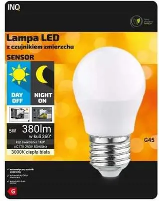 Immagine prodotto di Lampada a led G45 E27 5W 3000K 380lm sensore crepuscolare