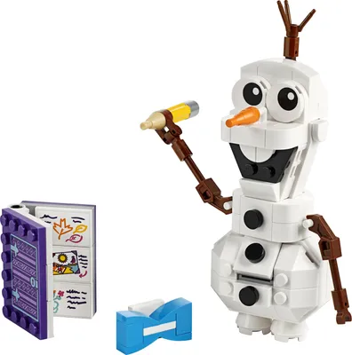 A LEGO® Disney Olaf figure with accessories, including a book and a blue bow tie.