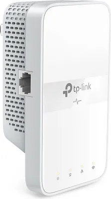 A white TP-Link TL-WPA7617 AV1000 Powerline WLAN AC1200 device is shown plugged into a wall outlet.