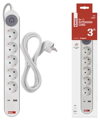 Image de EMOS multiprise 5-fois avec USB-Fast-Charge et interrupteur pour l'intérieur, montage mural, 5x prise de courant, 1x USB C, 1x USB A, 3m de câble, blanc, P1523PD