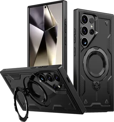 Produktbild von Dual Layer Hülle für Samsung Galaxy S25 Ultra Metall Ring Ständer Magnetisch Stoßfest Militär Handyhülle Schwarz