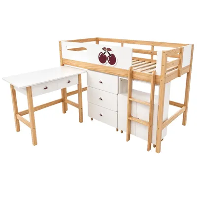 Produktbild von Kinder-Kombibett GINGER HOME CHERRY mit Schreibtisch, Kommode, Kleiderschrank und Lattenrost, 90 x 200 cm