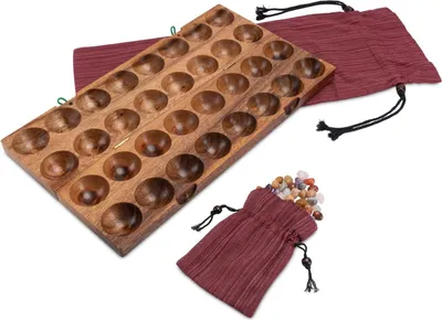 Produktbild von Hus - Bao - Kalaha - Bohnenspiel - Muschelspiel - Edelsteinspiel aus Samena-Holz inkl. Edelsteinen und Stoffbeutel