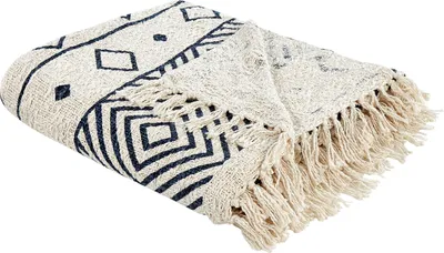 Produktbild von BELIANI Kuscheldecke Beige u. Blau Baumwolle 200 x 220 cm Modern mit Fransen Handgewebt Schlafzimmer Wohnzimmer Accessoire Deko Überwurf Wohndecke