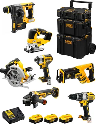 Zdjęcie produktu dla Zestaw DeWALT DWK703 (DCD996 + DCH273 + DCG405 + DCF887 + DCS334 + DCS570 + DCS367 + 3 x 5,0 Ah + DCB115 + wózek 3 w 1)