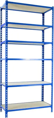 Produktbild von Schwerlastregal von Simonrack, Lagerregal 250x120x50 cm, Metallregal für den Keller, Biegestelle 200 kg, 6 Holzfachböden, Blau/Holz – Maderclick