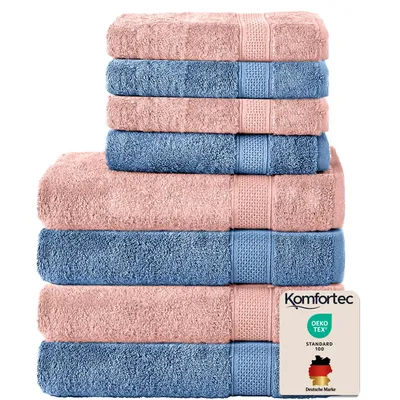 Produktbild von Komfortec 8er Handtuch Set aus 100% Baumwolle, 4 Badetücher 70x140 und 4 Handtücher 50x100 cm, Frottee, Weich, Towel, Groß, Rosa/Hellblau