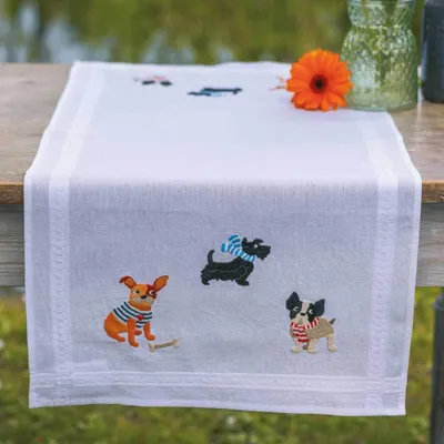 Produktbild von Vervaco Tischläufer Plattstich Stickpackung "Hündchen", Stickbild vorgezeichnet, 40x100cm