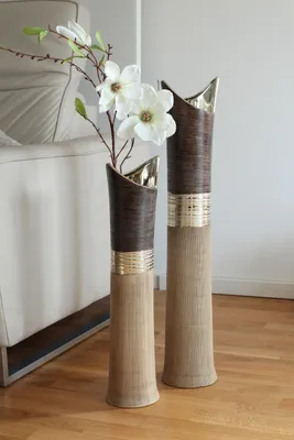 Image de Gilde Bodenvase, "Bradora", gestreift, Keramik, beige, braun, VE 1, L. 13 cm, B. 13 cm, H. 60 cm 47136 4063387471364