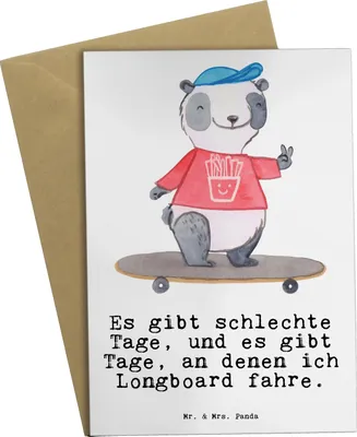Produktbild von Mr. & Mrs. Panda Grußkarte Panda Longboard fahren - Weiß - Geschenk, osterkarte, einladungskarten, Skaten, weihnachtskarten, glückwunschkarten, vatertagskarte