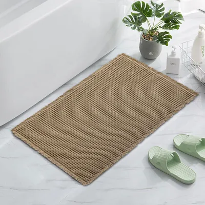 Produktbild von (Braun, M)  Absorbierende Badezimmermatte mit Waffelgewebe und Fransenrand – Weiches, schnell trocknendes, rutschfestes Badteppich für Dusche, Waschbecken und Bodenmatte