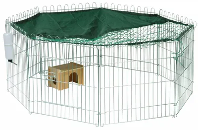 Produktbild von dobar 8-eckiges XL Freilaufgehege groß, Kaninchengehege aus Metall mit Nylon Netz, Holz Häuschen und Trinkflasche, für Outdoor wetterfest, 135 x 135 x 56 cm, silber