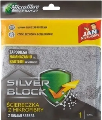 The image shows the packaging of a microfiber cleaning cloth with silver ions.
