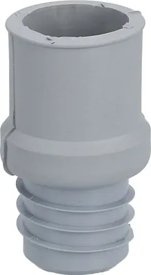 A gray plastic drain hose end piece with ribbed texture on the bottom.