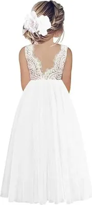 Produktbild von ASKSA Blumenmaedchenkleider Prinzessin Kleid Maedchen Kinder aermellos Spitze Rueckenfreies A-Linie Tuellkleid Hochzeit Ballkleid (Weiss,170)