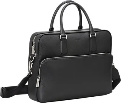 A black leather briefcase is shown against a white background.