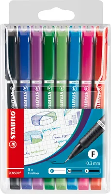 Produktbild von Fineliner mit gefederter Spitze - STABILO SENSOR F - fein - 8er Pack - mit 8 verschiedenen Farben
